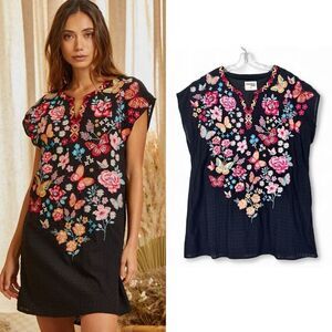 Savanna Jane Embroidered Cotton Shift Dress 3X Boho Cotton